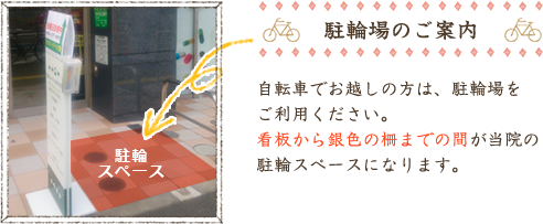 駐輪場のご案内:自転車でお越しの方は、駐輪場をご利用ください。看板から銀色の柵までの間が当院の駐輪スペースになります。